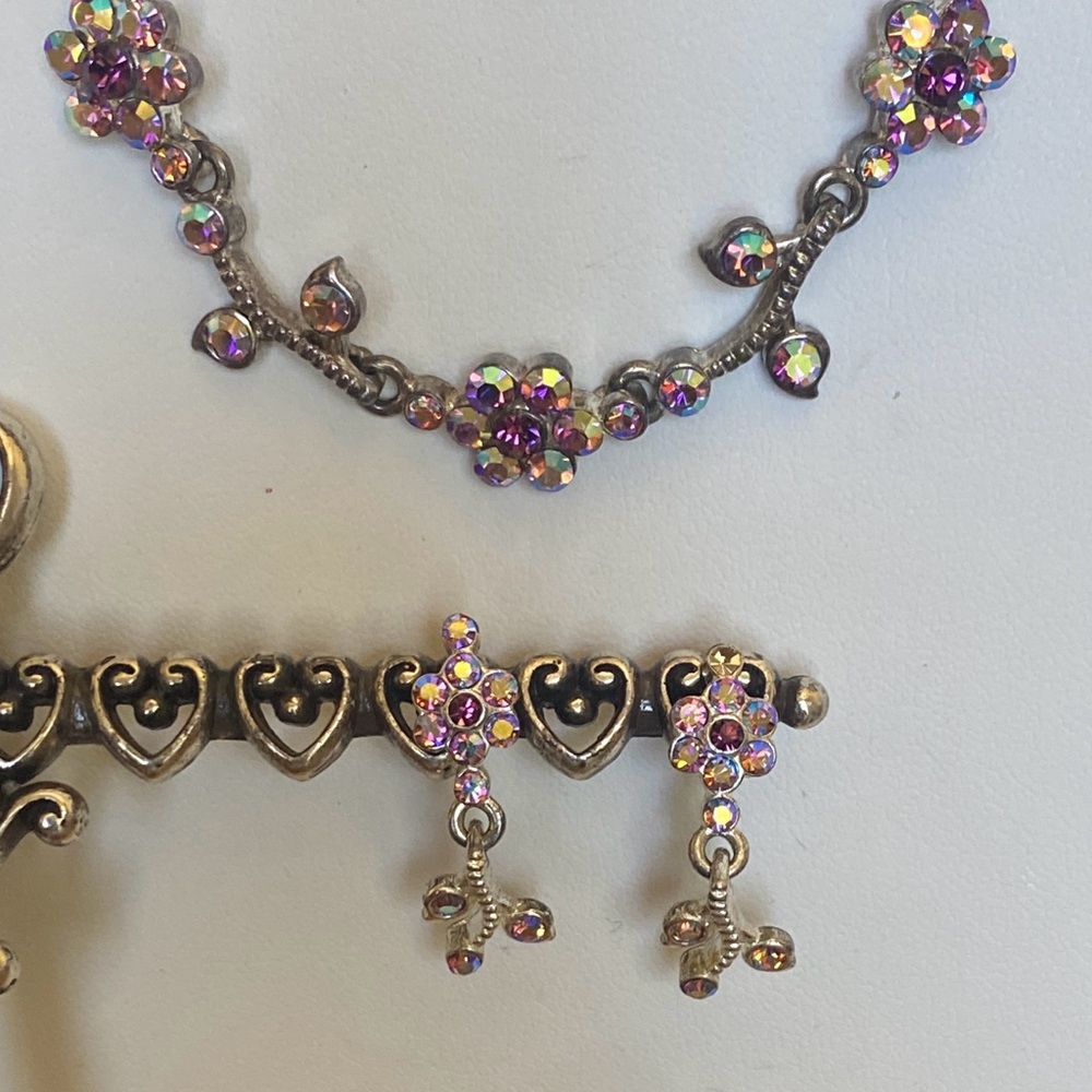 Vintage Elegant Silver and Purple Floral Choker Necklace with Matching Earrings